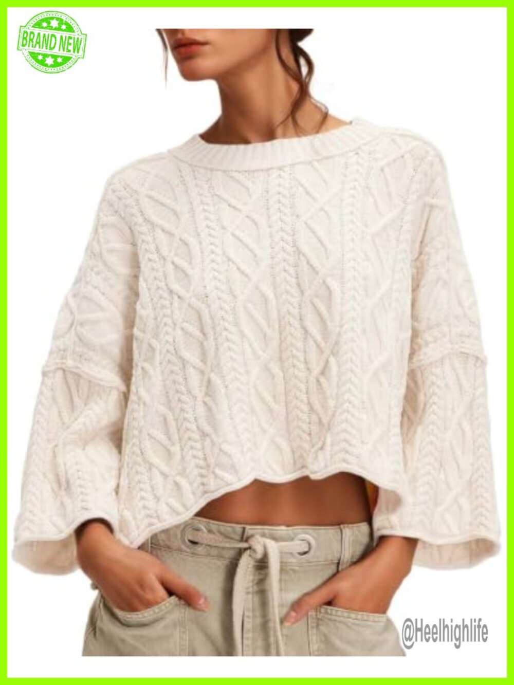 Womens Cable Knit Cropped Sweater Oversized Long Sleeve Pullover